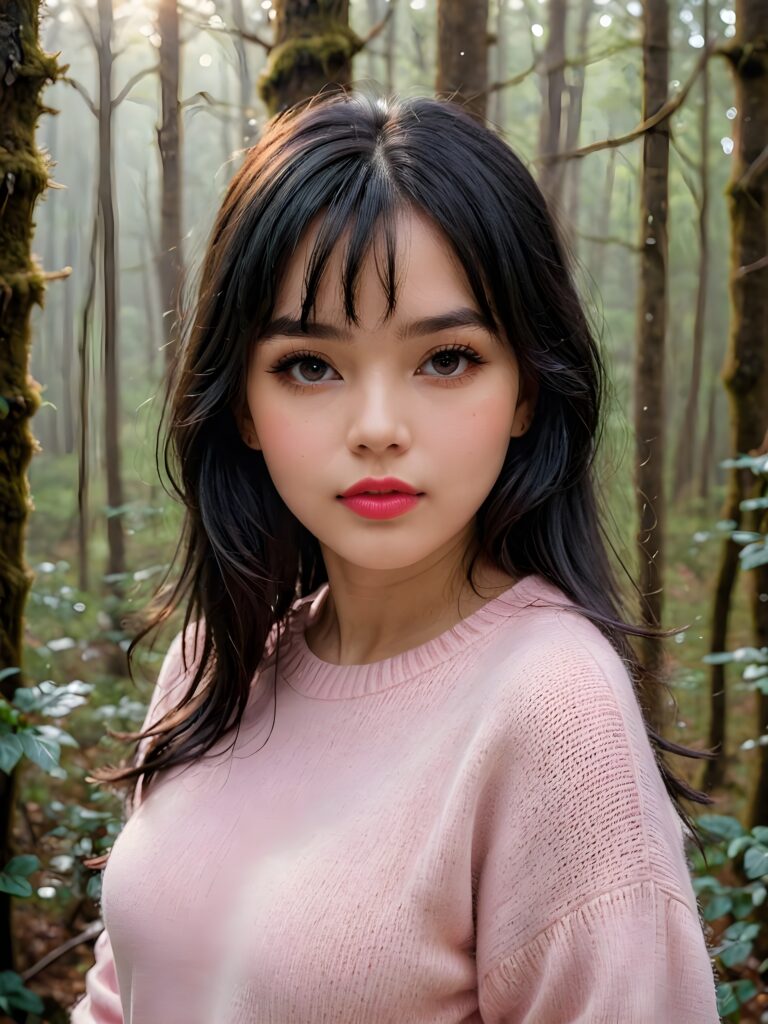 ((close up portrait)) a young cute busty teen girl with long, straight and shiny jet black hair, bangs frame her face, ((full plump red lips)), wears a ((light pink sweater made of fine wool)), looks seductively at the viewer. In the background a misty, gloomy forest with faint moonlight, she has a perfect fit curved body, ((side view))