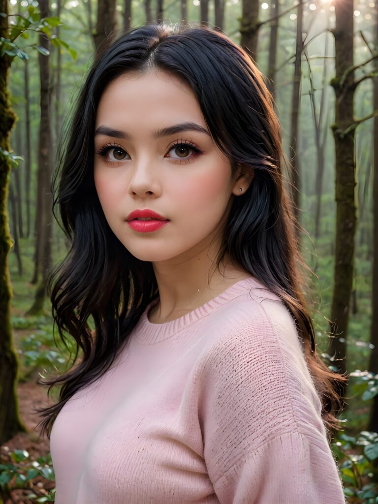 ((close up portrait)) a young cute busty teen girl with long, straight and shiny jet black hair, ((full plump red lips)), wears a ((light pink sweater made of fine wool)), looks seductively at the viewer. In the background a misty, gloomy forest with faint moonlight, she has a perfect fit curved body, ((side view))