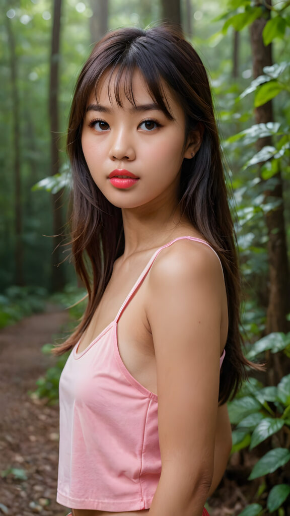 ((close up portrait)) a young cute busy tanned Asian teen girl with long, straight and shiny jet brown hair, bangs frame her face, ((full plump red lips)), wears a ((pink cropped tank top)), looks seductively at the viewer. In the background a misty, gloomy forest with faint moonlight, she has a perfect fit curved body, ((side view))