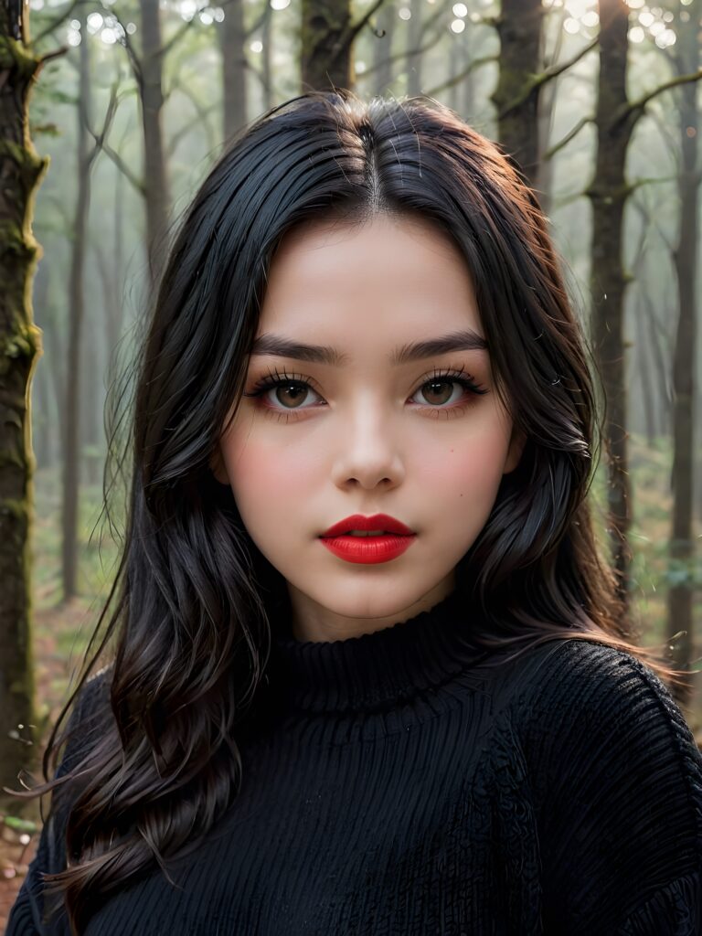 ((close up portrait)) a young cute teen girl with long, straight and shiny jet black hair, ((full plump red lips)), wears a ((black sweater made of wool)), looks seductively at the viewer. In the background a misty, gloomy forest with faint moonlight, she has a perfect fit curved body, side view