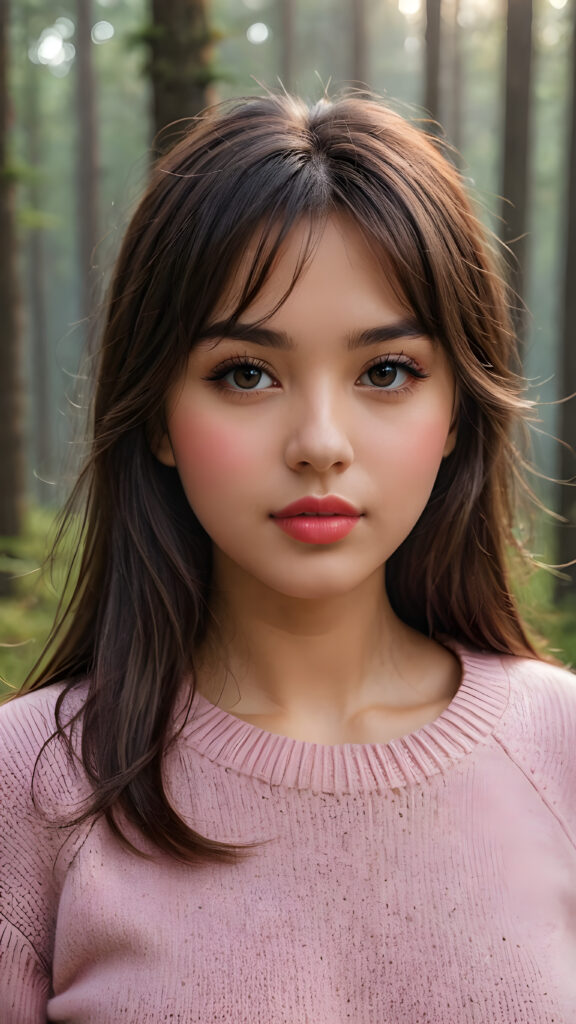 ((close up portrait)) a young cute busty tanned teen girl with long, straight and shiny jet brown hair, bangs frame her face, ((full plump red lips)), wears a ((pink sweater made of fine wool)), looks seductively at the viewer. In the background a misty, gloomy forest with faint moonlight, she has a perfect fit curved body, ((side view))