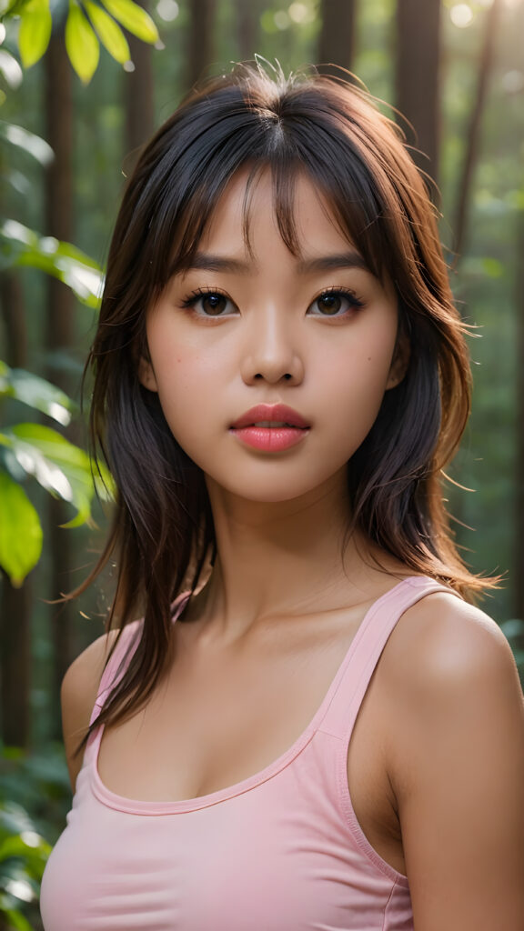 ((close up portrait)) a young cute busy tanned Asian teen girl with long, straight and shiny jet brown hair, bangs frame her face, ((full plump red lips)), wears a ((pink cropped tank top)), looks seductively at the viewer. In the background a misty, gloomy forest with faint moonlight, she has a perfect fit curved body, ((side view))