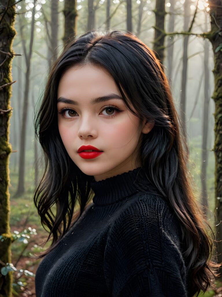 ((close up portrait)) a young cute teen girl with long, straight and shiny jet black hair, ((full plump red lips)), wears a ((black sweater made of wool)), looks seductively at the viewer. In the background a misty, gloomy forest with faint moonlight, she has a perfect fit curved body, side view