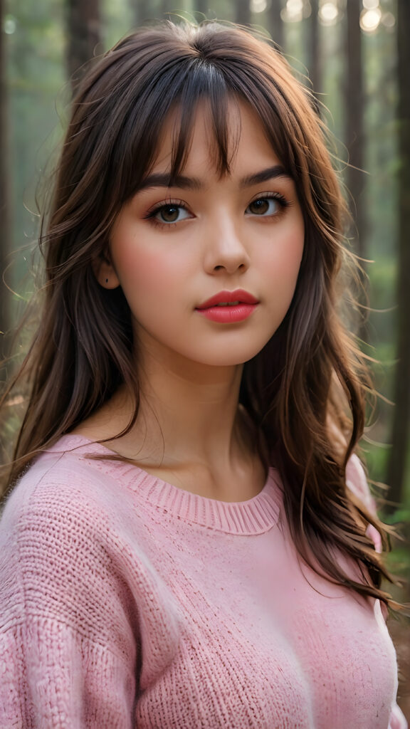 ((close up portrait)) a young cute busty tanned teen girl with long, straight and shiny jet brown hair, bangs frame her face, ((full plump red lips)), wears a ((pink sweater made of fine wool)), looks seductively at the viewer. In the background a misty, gloomy forest with faint moonlight, she has a perfect fit curved body, ((side view))