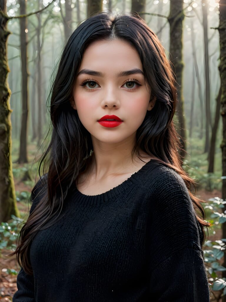 ((close up portrait)) a young cute teen girl with long, straight and shiny jet black hair, ((full plump red lips)), wears a ((black sweater made of wool)), looks seductively at the viewer. In the background a misty, gloomy forest with faint moonlight, she has a perfect fit curved body, side view