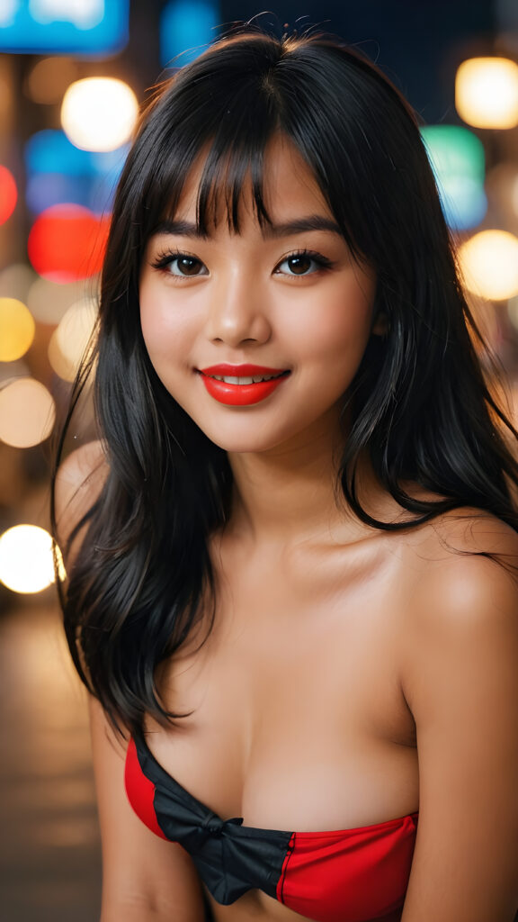 ((close up portrait)) of a (((beautiful))) ((cute)) ((tanned)) Asian 16 year old girl, very long jet black hair, (bangs), ((plump red lips)), (((seductive look))), ((small waist)), ((thick thighs)), ((perfect curvy body)), ((wide open front)), ((cheerful smile)), ((face illuminated)), (((looking into the camera)))