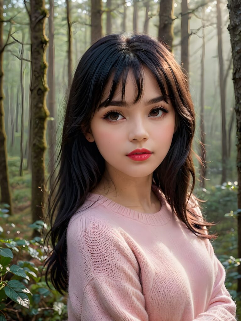 ((close up portrait)) a young cute busty teen girl with long, straight and shiny jet black hair, bangs frame her face, ((full plump red lips)), wears a ((light pink sweater made of fine wool)), looks seductively at the viewer. In the background a misty, gloomy forest with faint moonlight, she has a perfect fit curved body, ((side view))