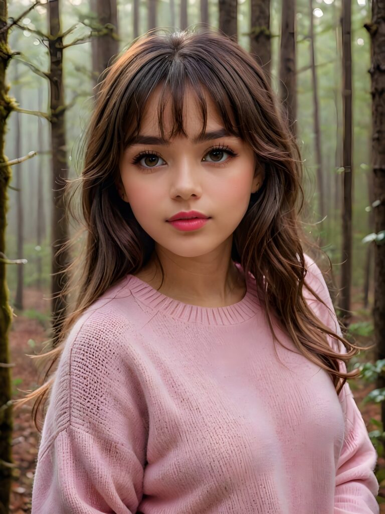 ((close up portrait)) a young cute busty tanned teen girl with long, straight and shiny jet brown hair, bangs frame her face, ((full plump red lips)), wears a ((pink sweater made of fine wool)), looks seductively at the viewer. In the background a misty, gloomy forest with faint moonlight, she has a perfect fit curved body, ((side view))