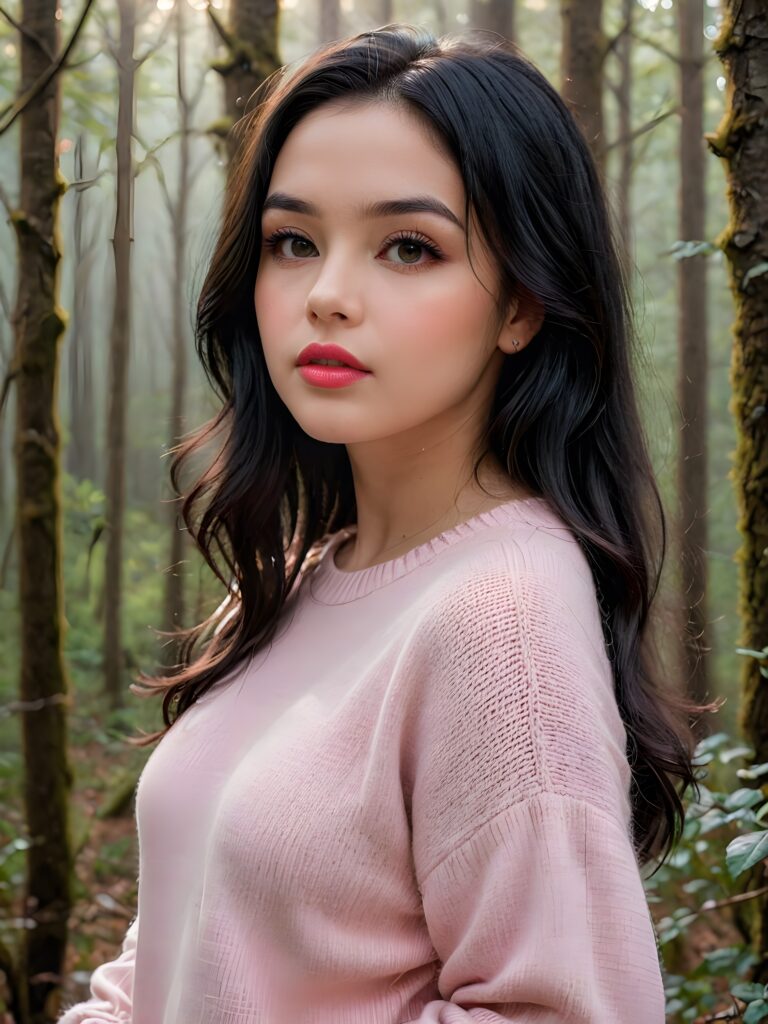 ((close up portrait)) a young cute busty teen girl with long, straight and shiny jet black hair, ((full plump red lips)), wears a ((light pink sweater made of fine wool)), looks seductively at the viewer. In the background a misty, gloomy forest with faint moonlight, she has a perfect fit curved body, ((side view))