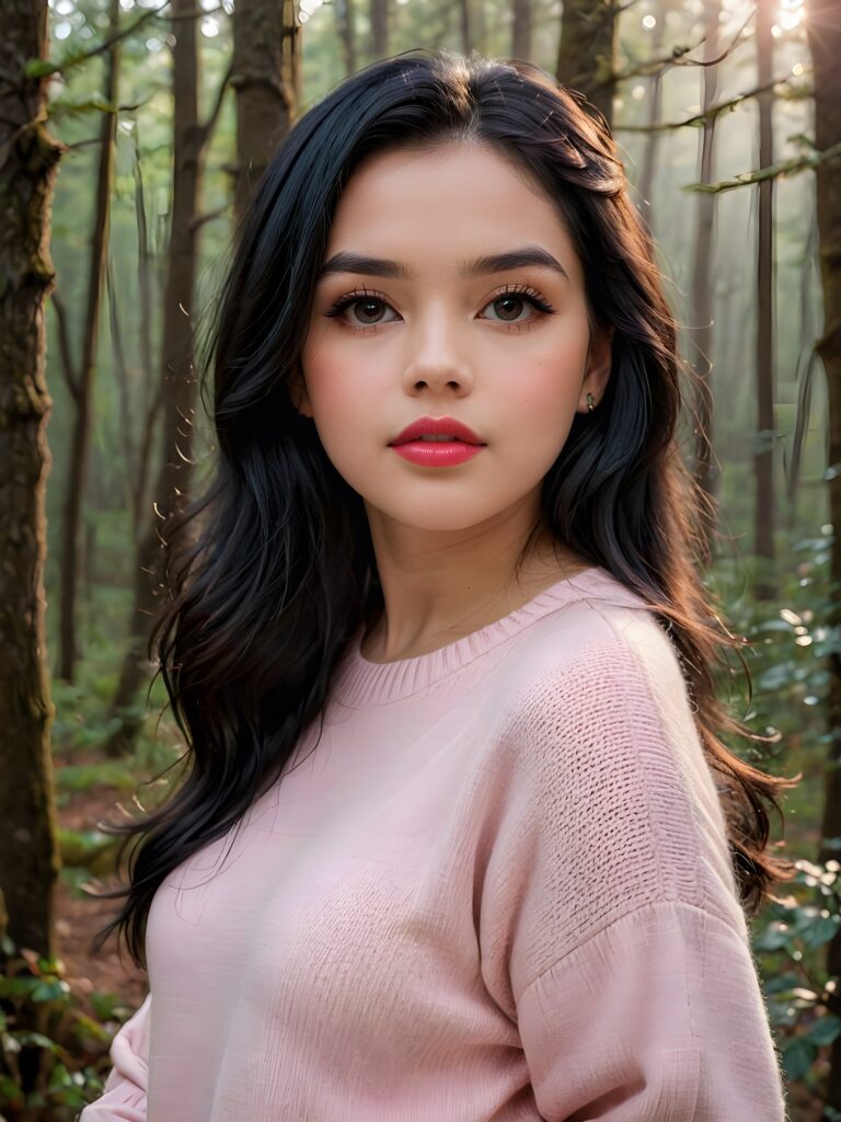 ((close up portrait)) a young cute busty teen girl with long, straight and shiny jet black hair, ((full plump red lips)), wears a ((light pink sweater made of fine wool)), looks seductively at the viewer. In the background a misty, gloomy forest with faint moonlight, she has a perfect fit curved body, ((side view))