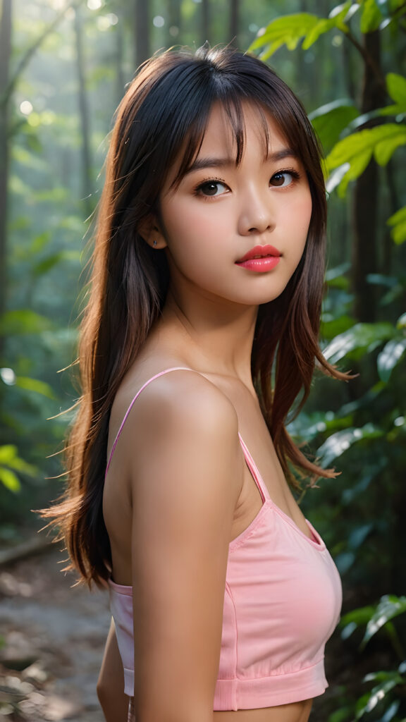 ((close up portrait)) a young cute busy tanned Asian teen girl with long, straight and shiny jet brown hair, bangs frame her face, ((full plump red lips)), wears a ((pink cropped tank top)), looks seductively at the viewer. In the background a misty, gloomy forest with faint moonlight, she has a perfect fit curved body, ((side view))