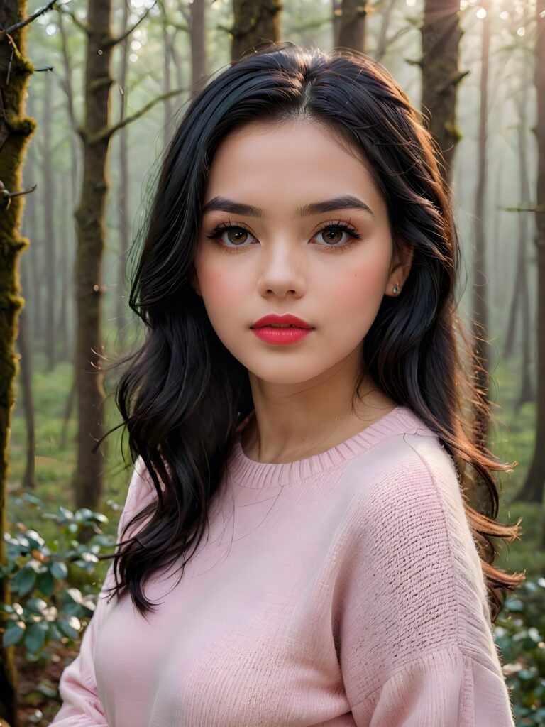 ((close up portrait)) a young cute busty teen girl with long, straight and shiny jet black hair, ((full plump red lips)), wears a ((light pink sweater made of fine wool)), looks seductively at the viewer. In the background a misty, gloomy forest with faint moonlight, she has a perfect fit curved body, ((side view))