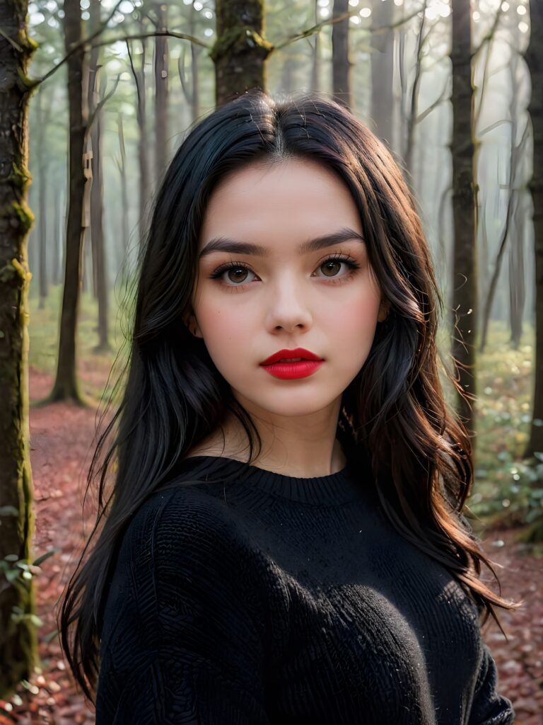 ((close up portrait)) a young cute teen girl with long, straight and shiny jet black hair, ((full plump red lips)), wears a ((black sweater made of wool)), looks seductively at the viewer. In the background a misty, gloomy forest with faint moonlight, she has a perfect fit curved body, side view