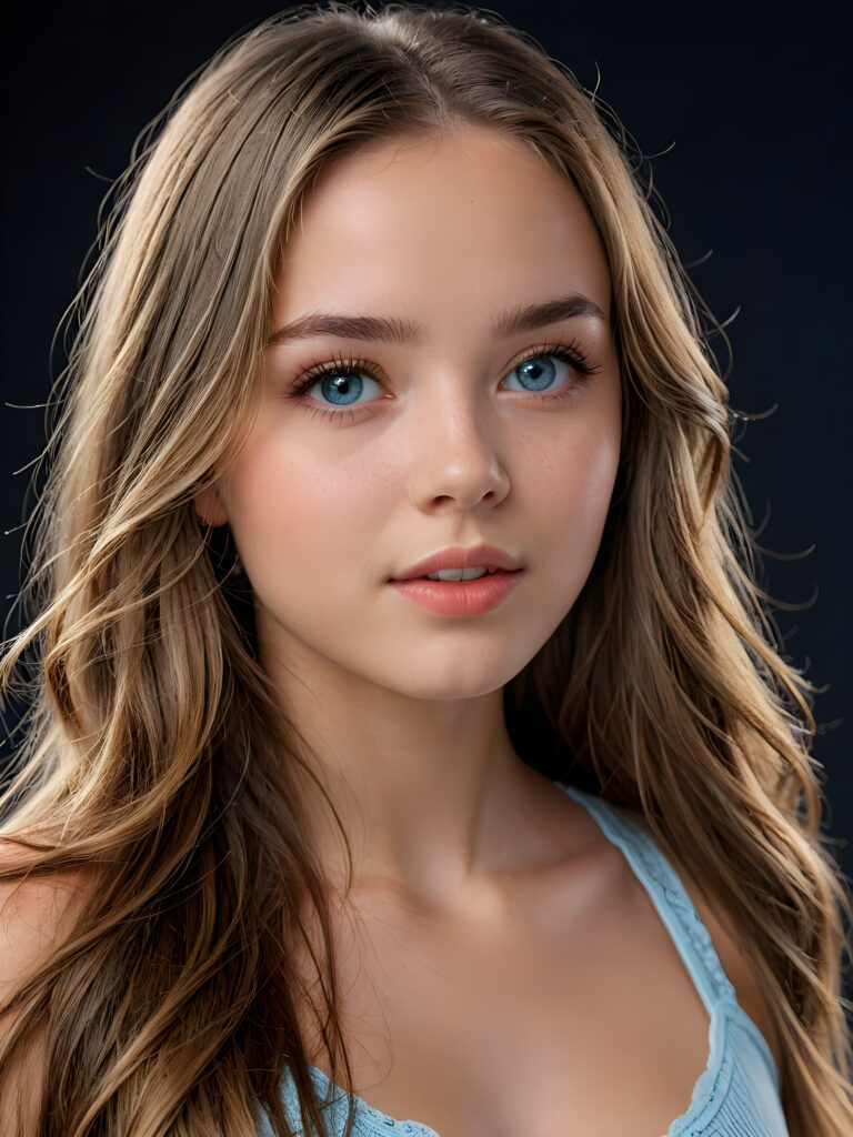 close up portrait from a young beautiful young teenage girl, she has full lips and her mouth is slightly open ready to kiss, white teeth, she has (((detailed straight long hair))) (her hair falls on her shoulders), and (realistic light blue eyes), ((angelic face)), black background, perfect shadows, weak light falls into the picture from the side, perfect curved body, she looks seductively at the viewer, flawless skin, ((side view)) ((ultra realistic photo)) ((stunning)) ((gorgeous)) ((4k))