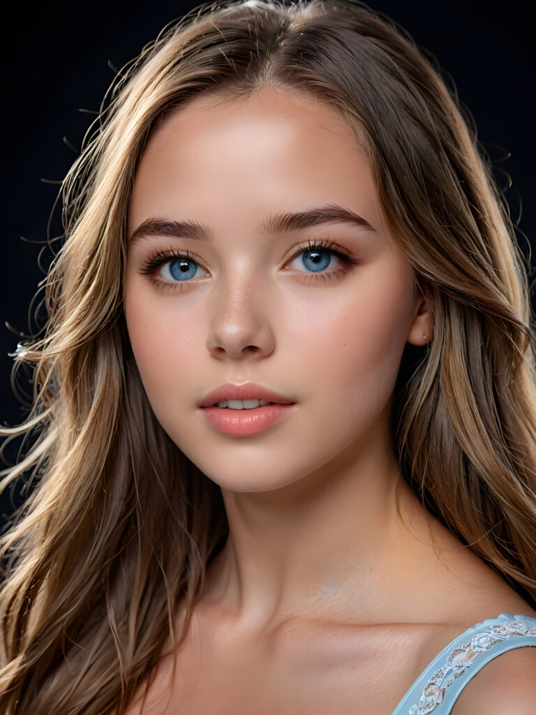 close up portrait from a young beautiful young teenage girl, she has full lips and her mouth is slightly open ready to kiss, white teeth, she has (((detailed straight long hair))) (her hair falls on her shoulders), and (realistic light blue eyes), ((angelic face)), black background, perfect shadows, weak light falls into the picture from the side, perfect curved body, she looks seductively at the viewer, flawless skin, ((side view)) ((ultra realistic photo)) ((stunning)) ((gorgeous)) ((4k))