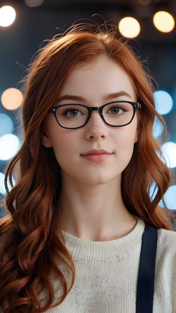 close-up shot, a cute nerd teen girl, detailed auburn hair, perfect curved body, ((stunning)) ((gorgeous)) ((realistic, detailed)) ((empty background)) ((cinemaic lights))