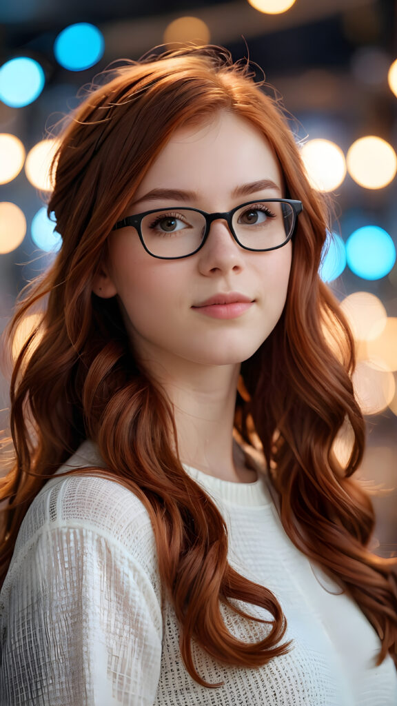 close-up shot, a cute nerd teen girl, detailed auburn hair, perfect curved body, ((stunning)) ((gorgeous)) ((realistic, detailed)) ((empty background)) ((cinemaic lights))