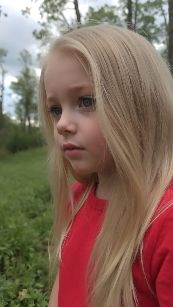 closeup of a beautiful girl with long silky blonde soft hair and wearing a red short t-shirt in an summer wood. dark clouds hang overhead. it is dusk.