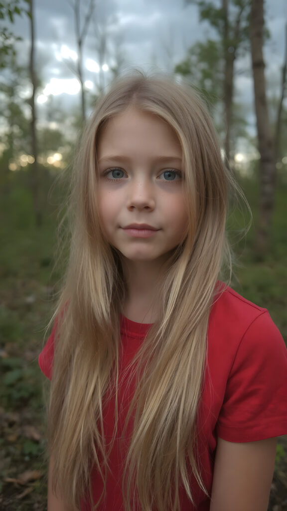 closeup of a beautiful girl with long silky blonde soft hair and wearing a red short t-shirt in an summer wood. dark clouds hang overhead. it is dusk.