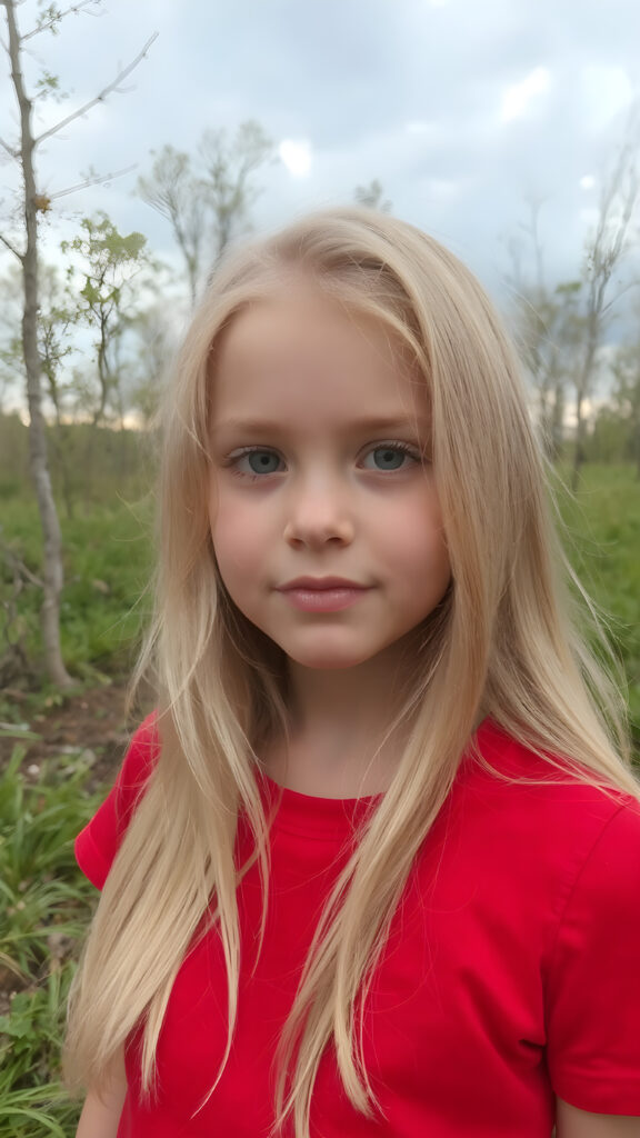 closeup of a beautiful girl with long silky blonde soft hair and wearing a red short t-shirt in an summer wood. dark clouds hang overhead. it is dusk.