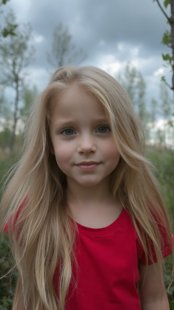 closeup of a beautiful girl with long silky blonde soft hair and wearing a red short t-shirt in an summer wood. dark clouds hang overhead. it is dusk.