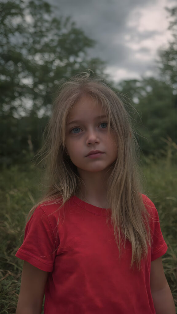 closeup of a beautiful girl with long silky blonde soft hair and wearing a red short t-shirt in an summer wood. dark clouds hang overhead. it is dusk.