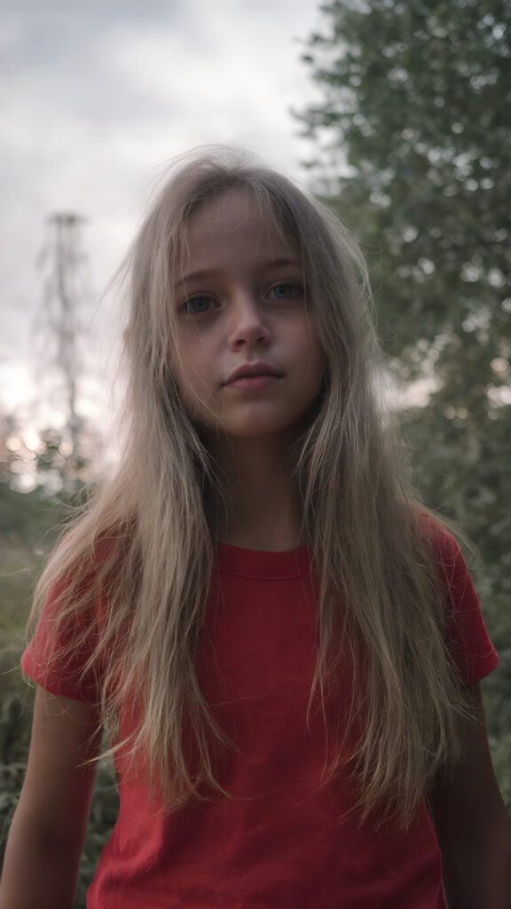 closeup of a beautiful girl with long silky blonde soft hair and wearing a red short t-shirt in an summer wood. dark clouds hang overhead. it is dusk.