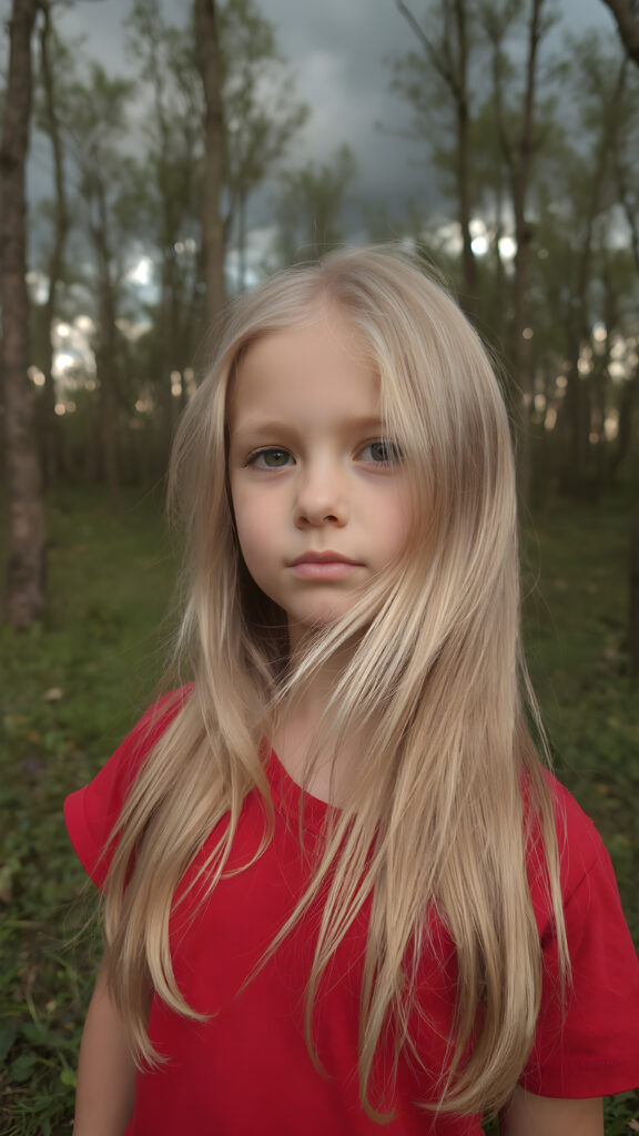 closeup of a beautiful girl with long silky blonde soft hair and wearing a red short t-shirt in an summer wood. dark clouds hang overhead. it is dusk.