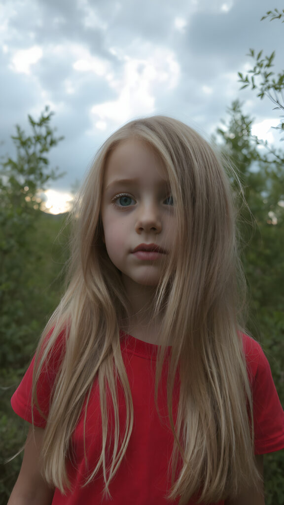 closeup of a beautiful girl with long silky blonde soft hair and wearing a red short t-shirt in an summer wood. dark clouds hang overhead. it is dusk.