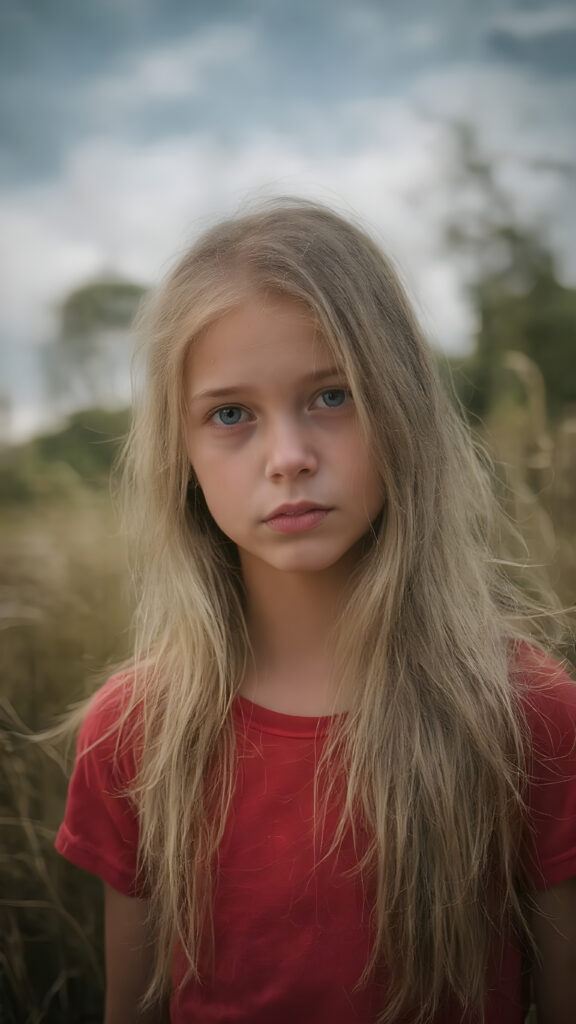 closeup of a beautiful girl with long silky blonde soft hair and wearing a red short t-shirt in an summer wood. dark clouds hang overhead. it is dusk.