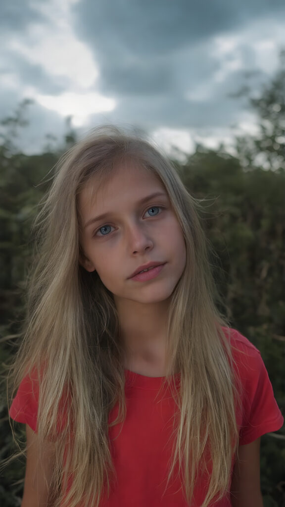 closeup of a beautiful girl with long silky blonde soft hair and wearing a red short t-shirt in an summer wood. dark clouds hang overhead. it is dusk.