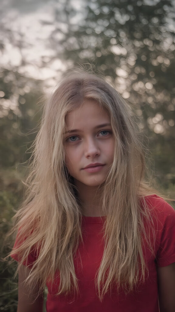 closeup of a beautiful girl with long silky blonde soft hair and wearing a red short t-shirt in an summer wood. dark clouds hang overhead. it is dusk.