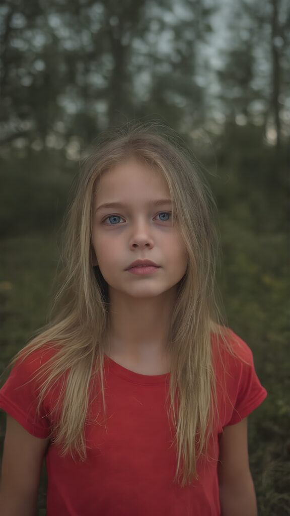 closeup of a beautiful girl with long silky blonde soft hair and wearing a red short t-shirt in an summer wood. dark clouds hang overhead. it is dusk.