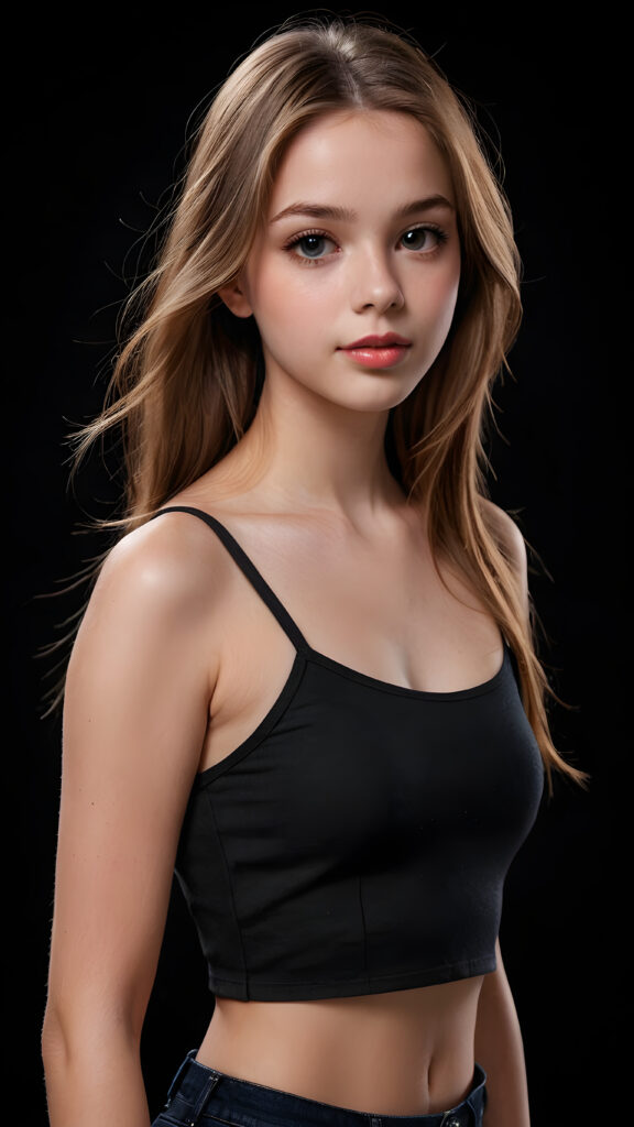 create a 3D image: of a gorgeous, stunning young teen girl, long, straight and smooth hazelnut hair, wears a short crop top, ((full lips)) perfect shadows and lights, (black background) ((full body))