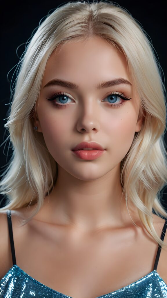 create a 3D image: of a gorgeous, stunning teen girl, straight platinum hair, she looks seductively, ((light blue eyes)), black eyeliner, ((full lips)) perfect shadows and lights, (black background) ((detailed portrait))