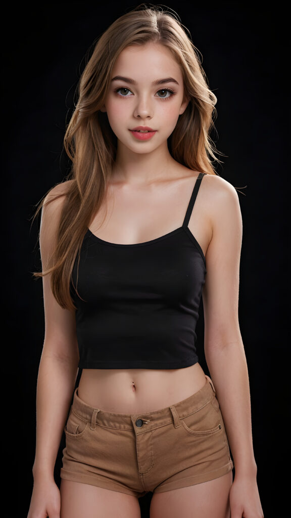 create a 3D image: of a gorgeous, stunning young teen girl, long, straight and smooth hazelnut hair, wears a short crop top, ((full lips)) perfect shadows and lights, (black background) ((full body))