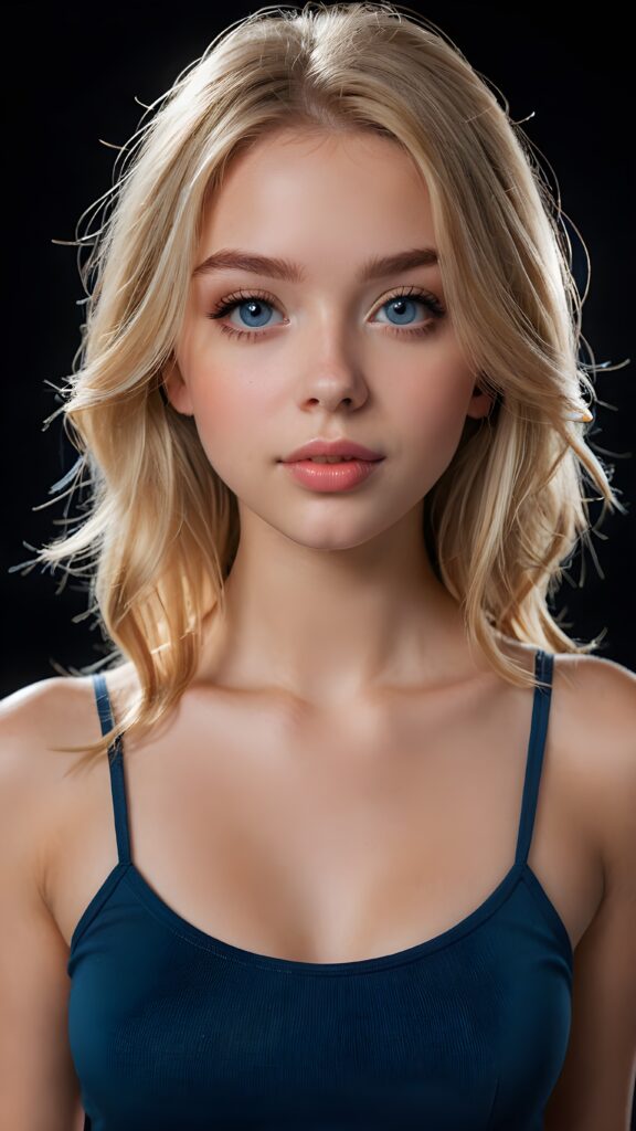 create a 3D image: of a gorgeous, stunning teen girl, straight blond detailed soft hair, she looks seductively, ((light blue eyes)), black eyeliner, short spaghetti tank top, ((full lips)) perfect shadows and lights, (black background) ((full body))