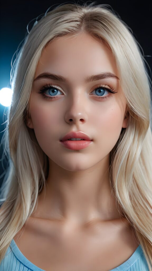 create a 3D image: of a gorgeous, stunning teen girl, straight platinum hair, she looks seductively, ((light blue eyes)), black eyeliner, ((full lips)) perfect shadows and lights, (black background) ((detailed portrait))