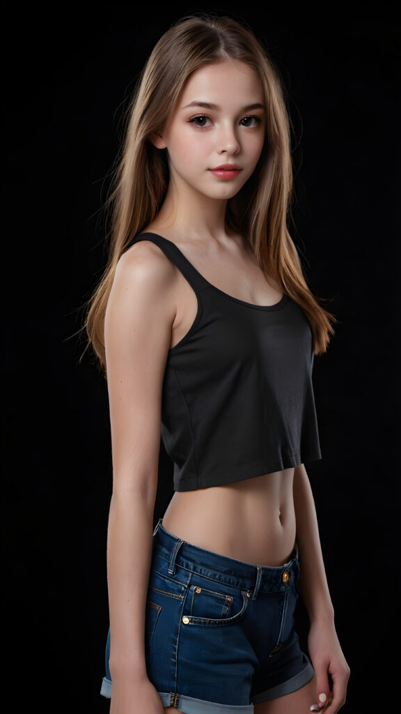 create a 3D image: of a gorgeous, stunning young teen girl, long, straight and smooth hazelnut hair, wears a short crop top, ((full lips)) perfect shadows and lights, (black background) ((full body))