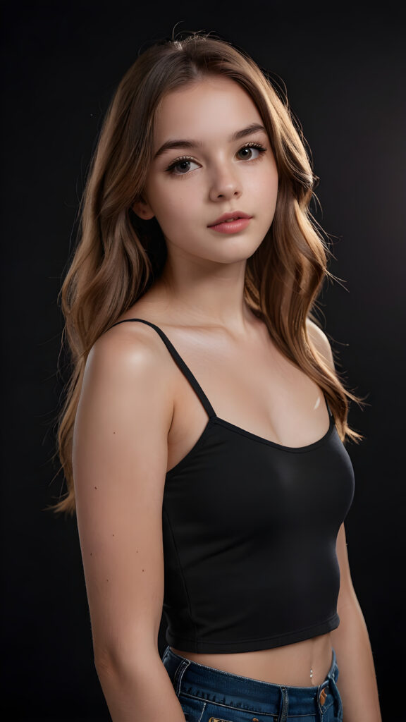 create a 3D image: of a gorgeous, stunning young teen girl, long, straight and smooth hazelnut hair, wears a short crop top, ((full lips)) perfect shadows and lights, (black background) ((full body))