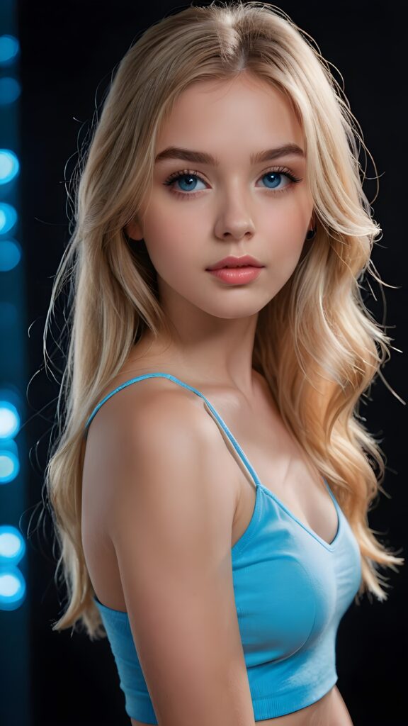 create a 3D image: of a gorgeous, stunning teen girl, straight blond detailed soft hair, she looks seductively, ((light blue eyes)), black eyeliner, short spaghetti tank top, ((full lips)) perfect shadows and lights, (black background) ((full body))