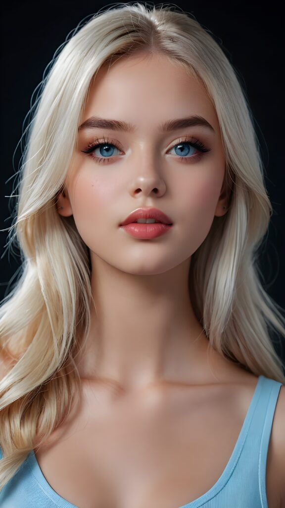 create a 3D image: of a gorgeous, stunning teen girl, straight platinum hair, she looks seductively, ((light blue eyes)), black eyeliner, ((full lips)) perfect shadows and lights, (black background) ((detailed portrait))