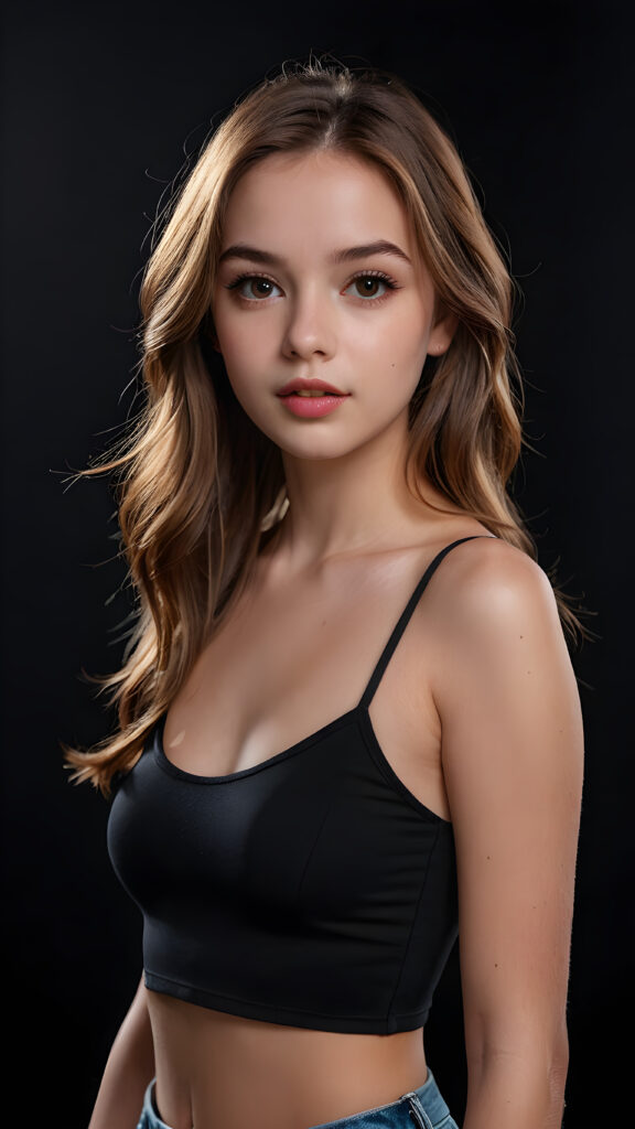 create a 3D image: of a gorgeous, stunning young teen girl, long, straight and smooth hazelnut hair, wears a short crop top, ((full lips)) perfect shadows and lights, (black background) ((full body))