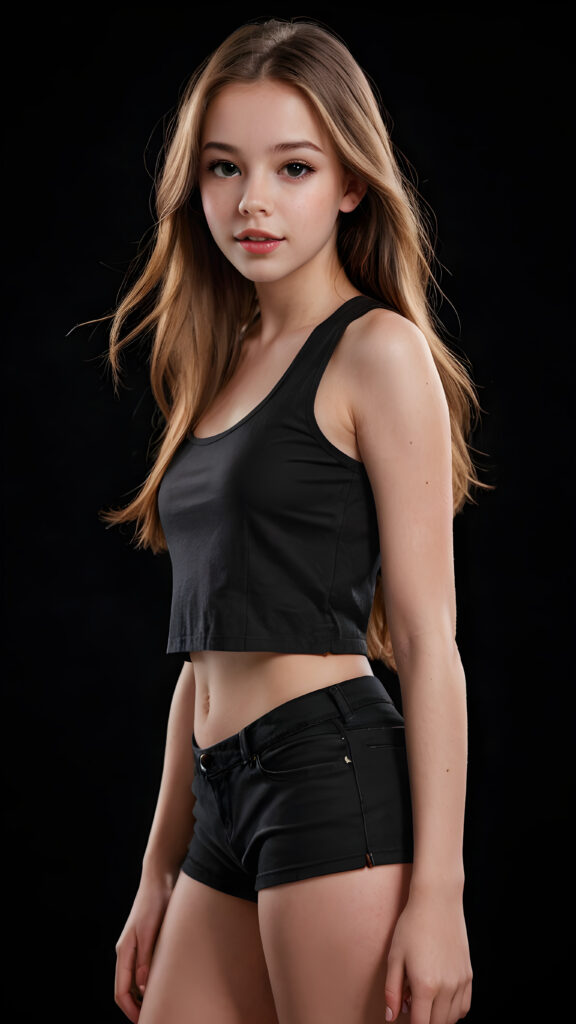 create a 3D image: of a gorgeous, stunning young teen girl, long, straight and smooth hazelnut hair, wears a short crop top, ((full lips)) perfect shadows and lights, (black background) ((full body))