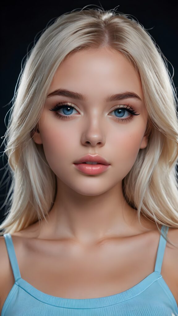 create a 3D image: of a gorgeous, stunning teen girl, straight platinum hair, she looks seductively, ((light blue eyes)), black eyeliner, ((full lips)) perfect shadows and lights, (black background) ((detailed portrait))