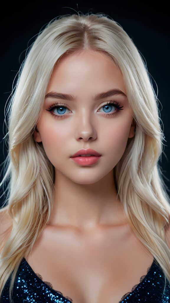 create a 3D image: of a gorgeous, stunning teen girl, straight platinum hair, she looks seductively, ((light blue eyes)), black eyeliner, ((full lips)) perfect shadows and lights, (black background) ((detailed portrait))