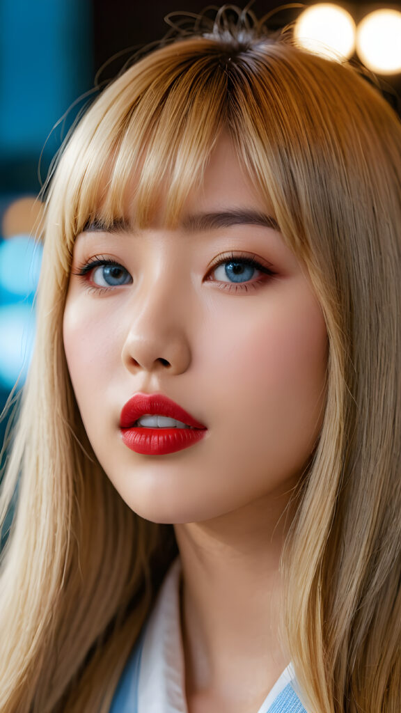 create a detailed and masterpice of (side view) portrait: a Japanese teen girl, long blond soft straight hair, bangs, she looks astonished and her mouth is slightly open, ((her eyes are light blue)) ((full red lips)) ((round face)) perfect shadows and light