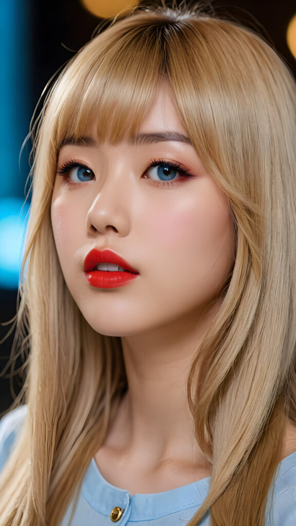 create a detailed and masterpice of (side view) portrait: a Japanese teen girl, long blond soft straight hair, bangs, she looks astonished and her mouth is slightly open, ((her eyes are light blue)) ((full red lips)) ((round face)) perfect shadows and light