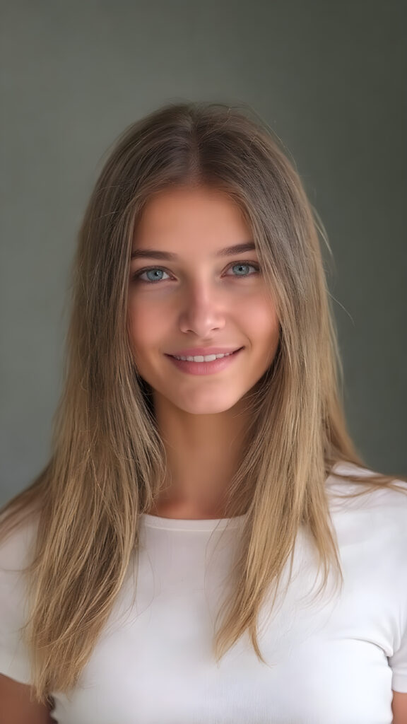 create a high quality image of a (((young beautiful tanned cute teen girl), straight soft long flowing hair, with perfectly realistic looking eyes (matching eyes) and (bright happy smile) facing the camera in a (((full length portrait))), (dressed in a sleek ((white short cropped top), and (tight jeans)) with ((white skin tight leggings)) and (beautifully detailed fingers)), poised against a (natural looking (((grey background)))) where her focus on the camera is perfectly framed and captures her perfectly realistic and detailed (skin texture variations) in a (extremely detailed and high resolution full height image), showcasing her perfectly curved and defined (perfectly symmetrical and evenly matched eyes) and beautifully defined (face texture) against a (super short tight (white) shirt that perfectly complements her look) and (tightly fitted (jean shorts) that flatters her legs), accentuating her slim and perfectly curved thighs.