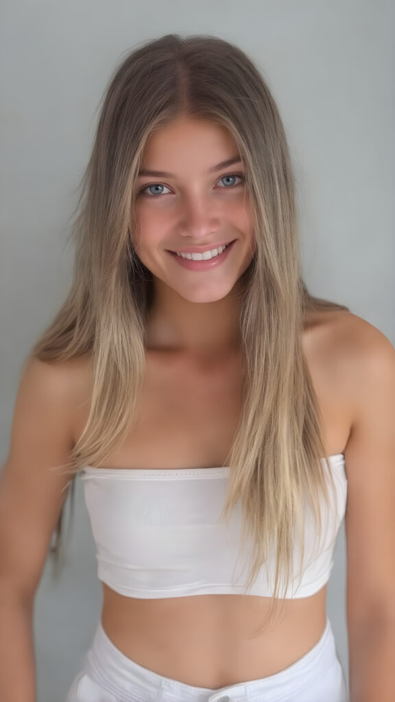 create a high quality image of a (((young beautiful tanned cute teen girl), straight soft long flowing hair, with perfectly realistic looking eyes (matching eyes) and (bright happy smile) facing the camera in a (((full length portrait))), (dressed in a sleek ((white short cropped top), and (tight jeans)) with ((white skin tight leggings)) and (beautifully detailed fingers)), poised against a (natural looking (((grey background)))) where her focus on the camera is perfectly framed and captures her perfectly realistic and detailed (skin texture variations) in a (extremely detailed and high resolution full height image), showcasing her perfectly curved and defined (perfectly symmetrical and evenly matched eyes) and beautifully defined (face texture) against a (super short tight (white) shirt that perfectly complements her look) and (tightly fitted (jean shorts) that flatters her legs), accentuating her slim and perfectly curved thighs.